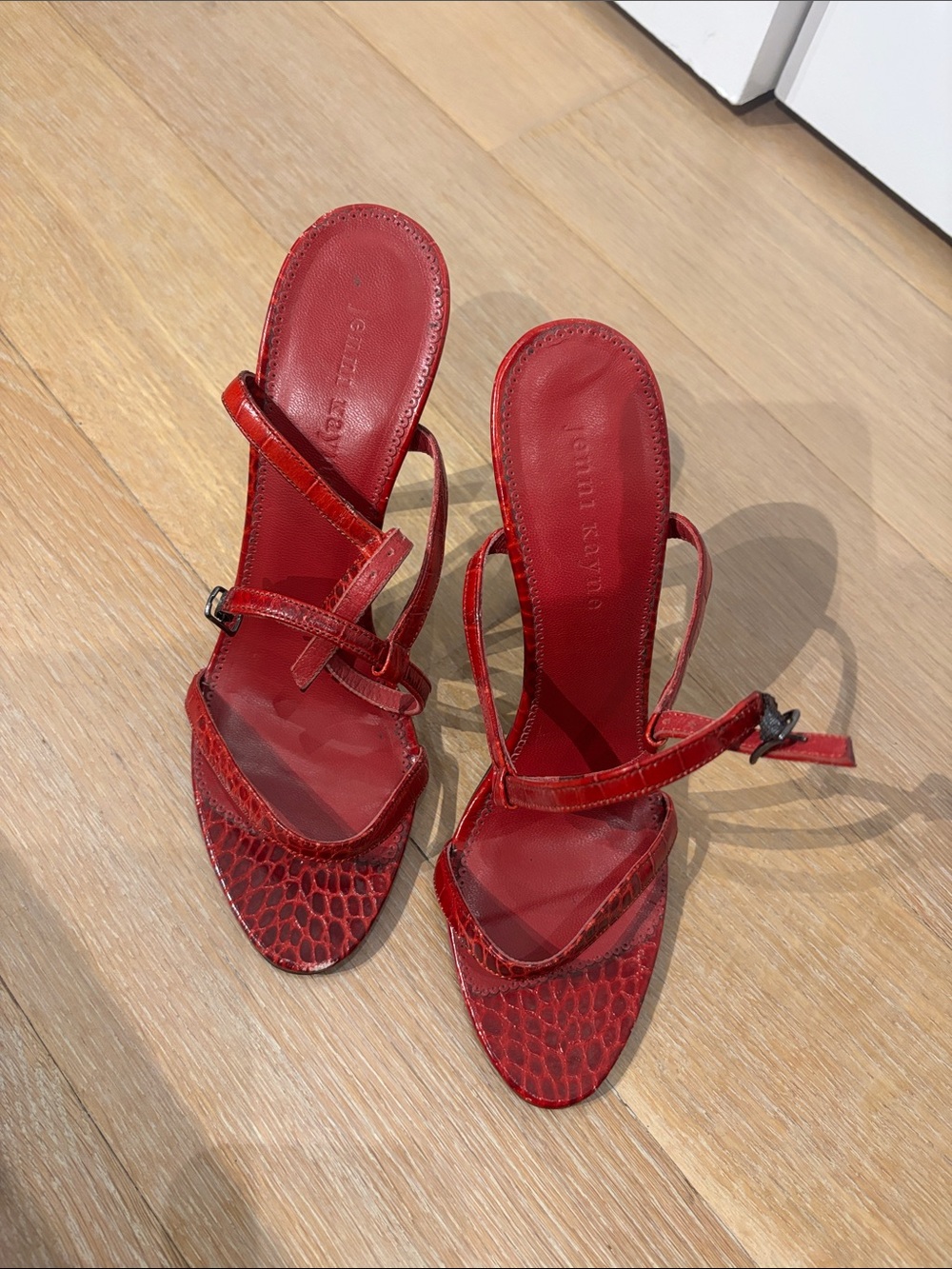 Jenni Kayne Red Snake-Embossed Strappy Heels